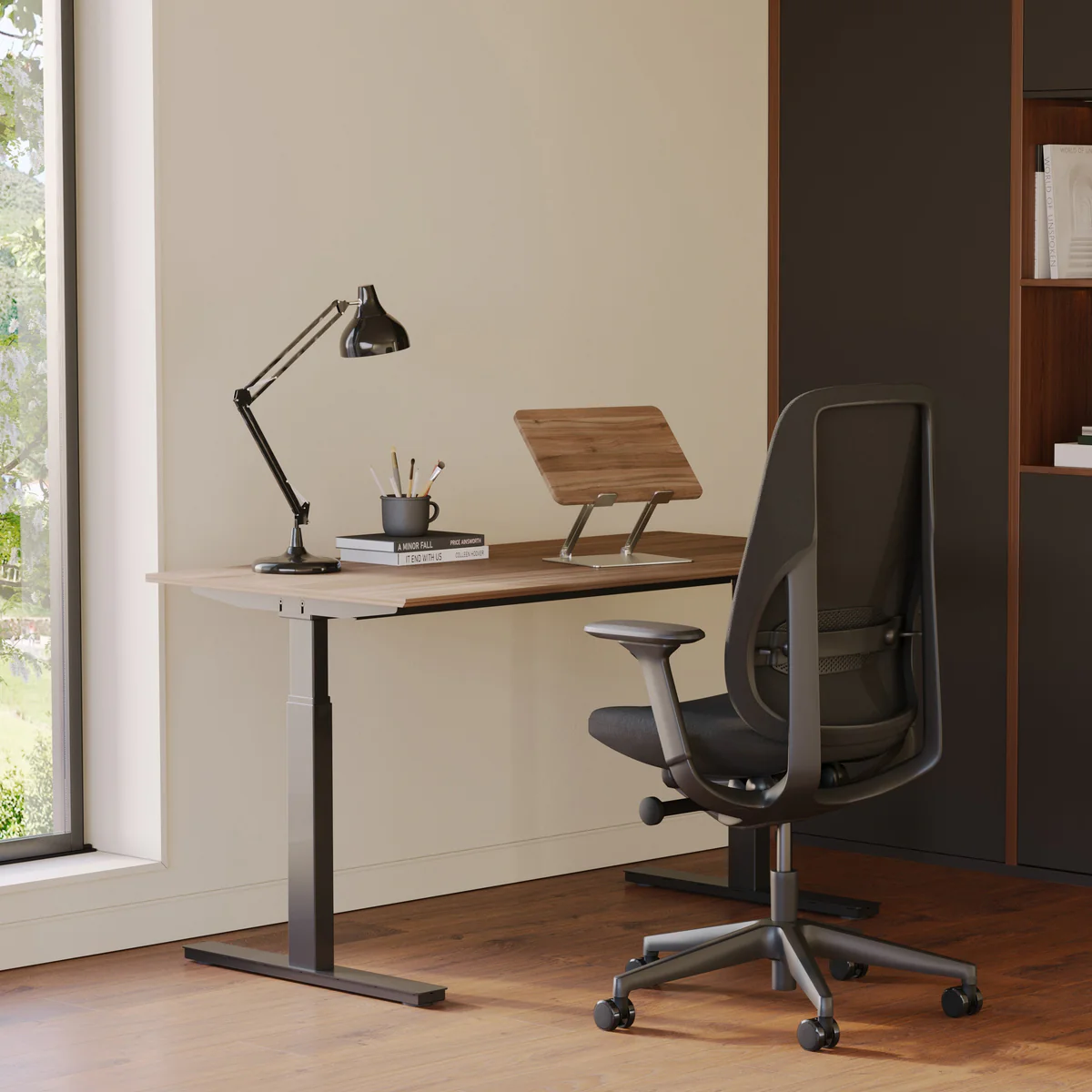Calm workspace showing balanced posture arrangement with natural light